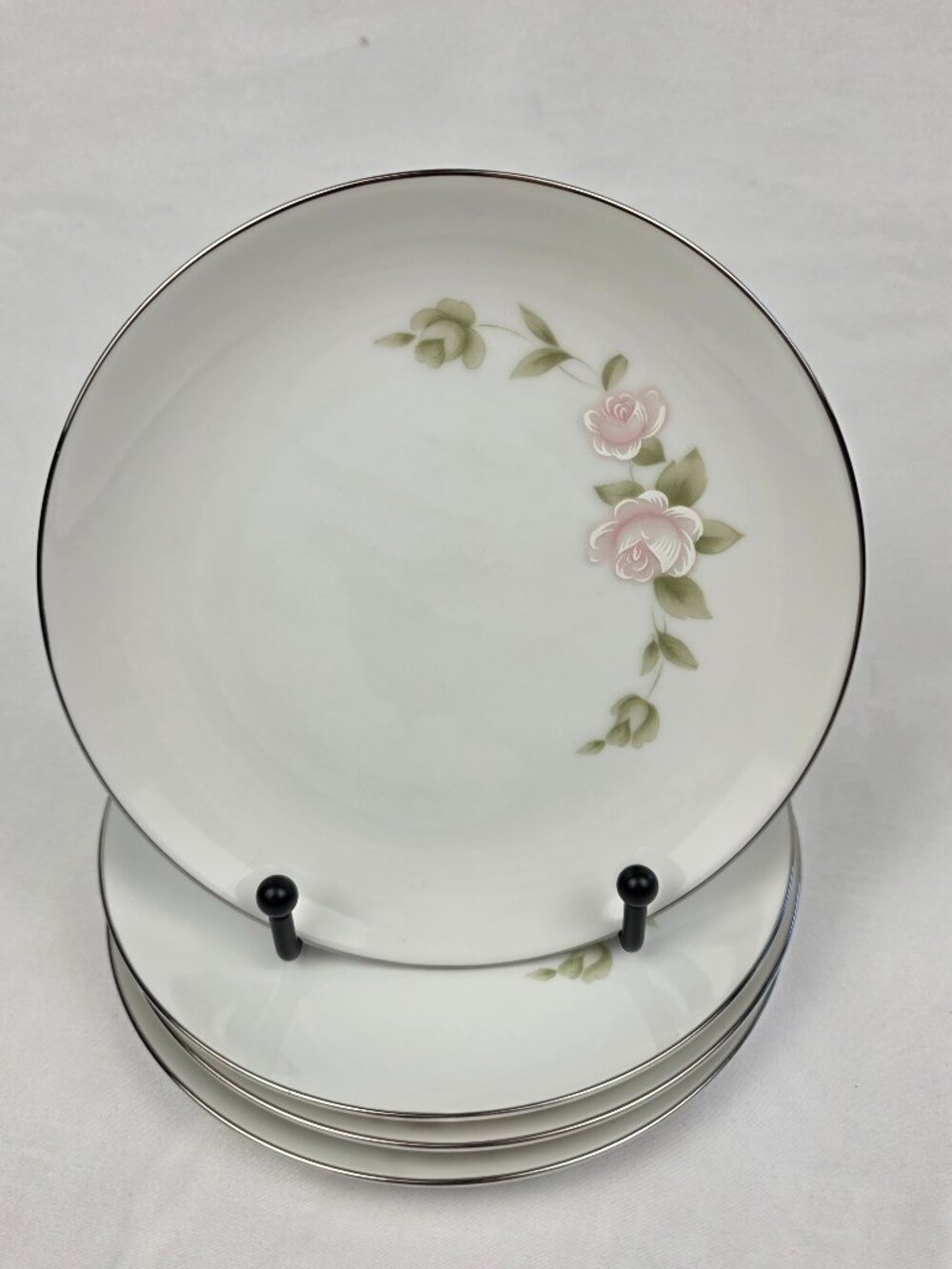 FOUR Style House Tudor Rose Bread Plates 6 1/8 Inch Pink Roses Green Leaves